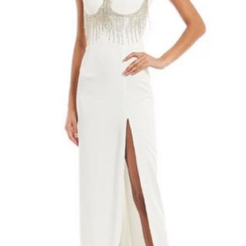 GB X MARK ZUNINO JEWELED FRINGE FRONT SLIT GOWN. - Picture 3 of 11